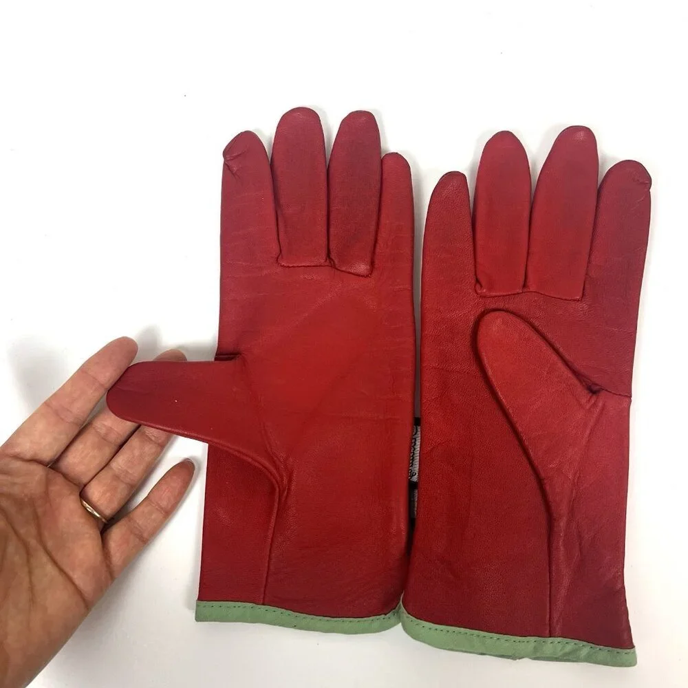 Vintage Rostaing‎ Red Leather Gloves Green Trim Old Money Festive